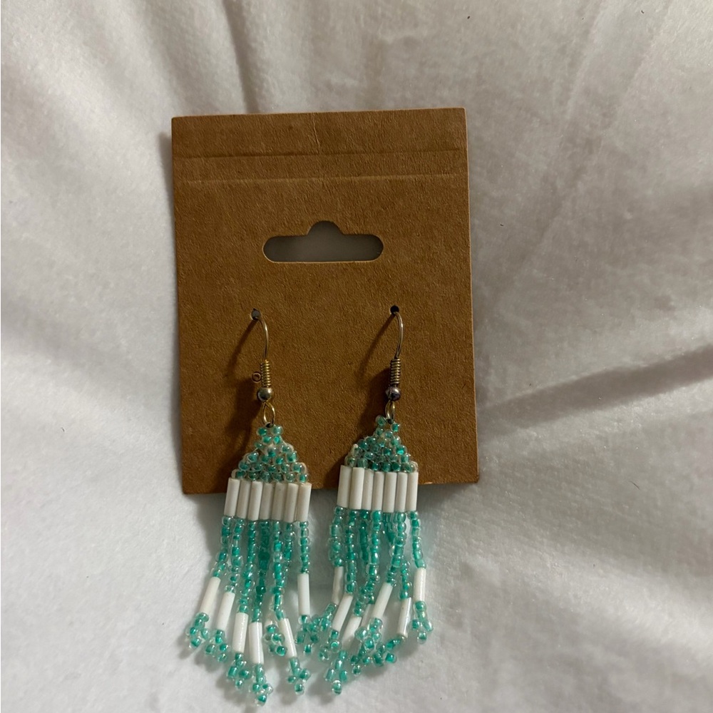 Boho Beaded Dangle Earrings in Turquoise and White